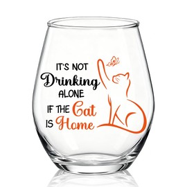 WUUCKOO It's Not Alone If The Cat Is Home Stemless Wine Glass, Funny Housewarming Gifts for Cat Mom Dad, Cats Lover Gifts for Him, Pet Lover Present for Her, Valentines Birthday Present for Cats Owner