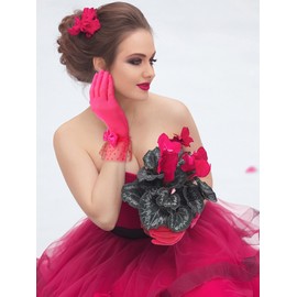 Bencailor Women Lace Gloves Party Wedding Gloves Bow Short Glove Evening Elegant Accessories Sun Protection Funeral(Rose Red,Lace Style)
