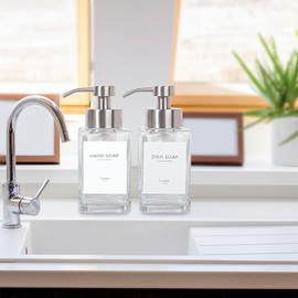 Foaming Soap Dispenser with Stainless Steel Pump, 12oz Refillable Glass Liquid Dish Soap Bottles for Bathroom, Kitchen Sink, Home Decor, 2 Pack