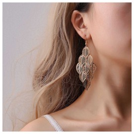 Cimenexe Bohemian Stacking Hollow Leaf Dangle Earrings Gold Leaf Drop Earrings Leaf Plant Dangling Earrings Long Metal Leaf Earrings Jewelry for Women and Girls Gifts