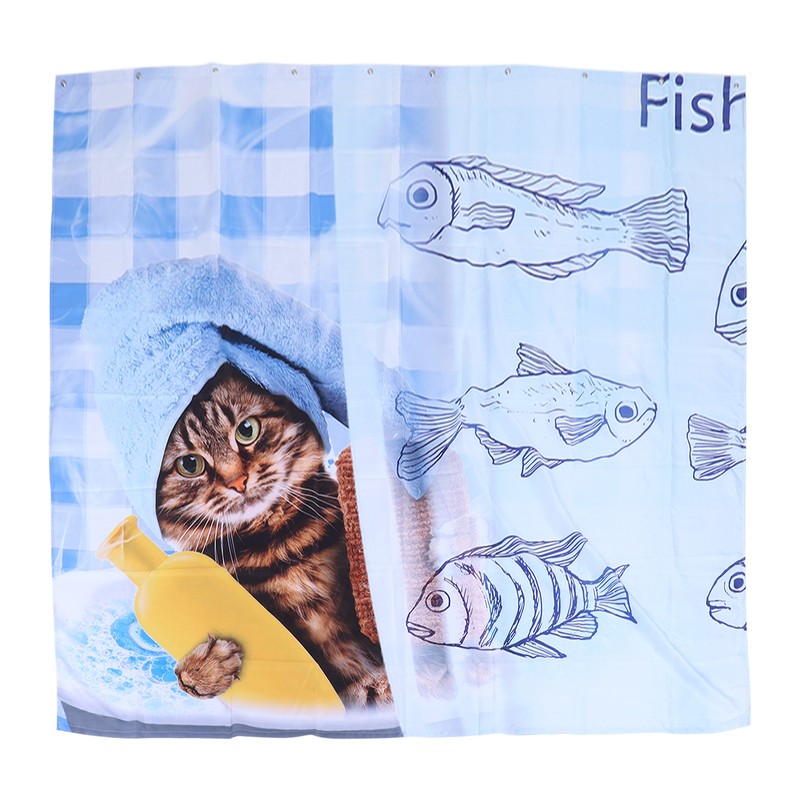 Cute Cat Fish Pattern Shower Curtain Waterproof Bathroom Decorative Bath