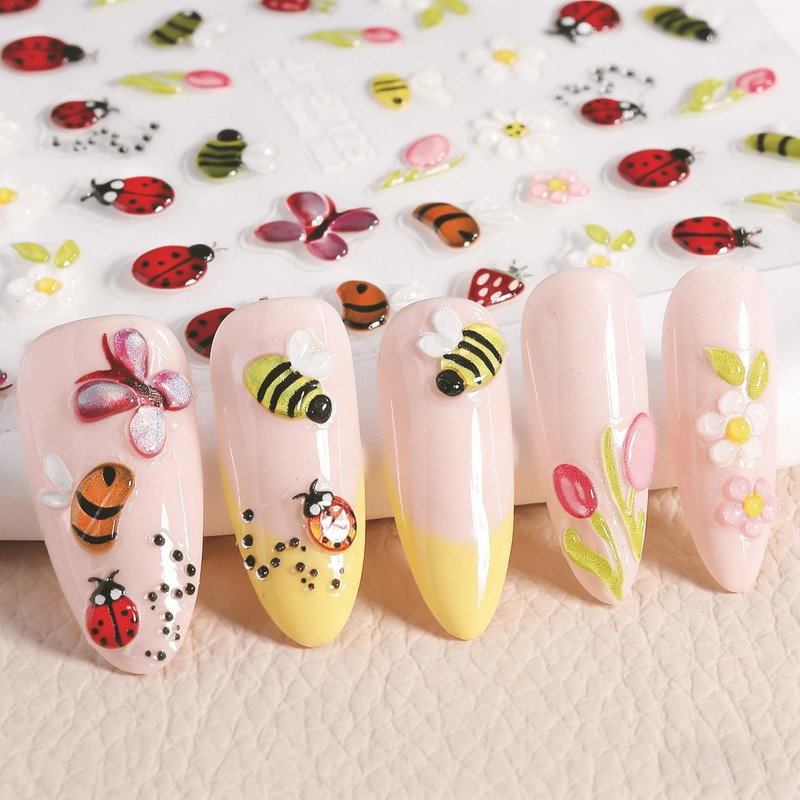 5D Embossed Bee Nail Stickers Cute Daisy Floral Lady Bug