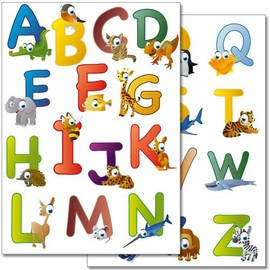 Wandkings Animal ABC English Alphabet Wall Sticker Set, 26 Stickers, 2 A4 Sheets, Total Area 60 x 20 cm