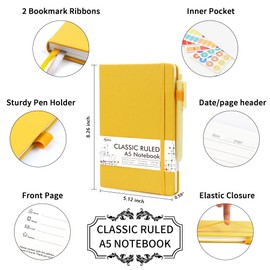 12 Pack Notebooks Journals Bulk with 12 Black Pens, Feela A5 Hardcover Notebook Classic Ruled Journal Set with Pen Holder for School Business Work Travel Writing, 120 GSM, 5.1”x8.3”, Yellow
