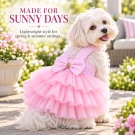 Dog Dress for Small Dogs, Pink Boutique Puppy Tutu Dress with Bow, Breathable Summer Princess Outfit for Girl Dogs & Cats, Layered Tulle Pet Clothing XS-2XL