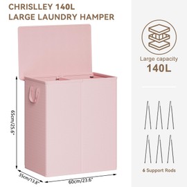 Chrislley 140L Laundry Hamper 2 Section, Double Laundry Basket with Lid, Large Dirty Clothes Hamper with Removable Liner Bags, Collapsible Laundry Organizer for Bedroom, Dorm,Pink