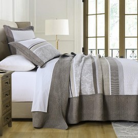 FineStichery Oversized King Bedspread Quilt 128" x 120", 100% Cotton Lightweight Bed Spreads Coverlet Set Farmhouse Bedding Cover, 3 Piece, Brown/Gray/Beige