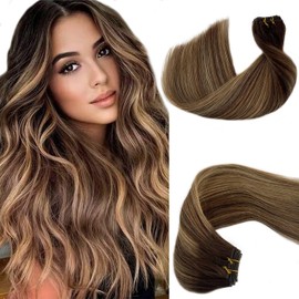 Hand Tied Weft Hair Extensions Human Hair Medium Brown to Caramel Blonde Human Hair Weave Bundles Straight Sew in Hair Extensions Real Human Hair Sew in Hair Bundles Full Head Remy Wefts Hair 14 Inch