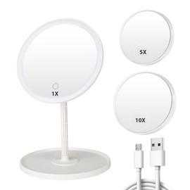 JSONPHX 1X LED Makeup Mirror with 5X and 10X Suction magnifiers, Makeup Mirror with 3 Color Adjustable Brightness Light,Vanity Mirror,USB Rechargeable, White