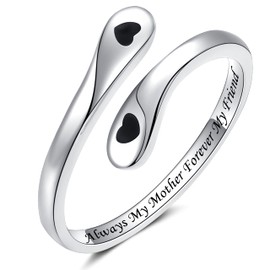 925 Sterling Silver Mom Rings: Always My Mother Forever My Friend Rings Gifts for Mom From Daughter Son Adjustable Open Heart Rings Mother's Day Inspirational Jewelry Gifts for Women