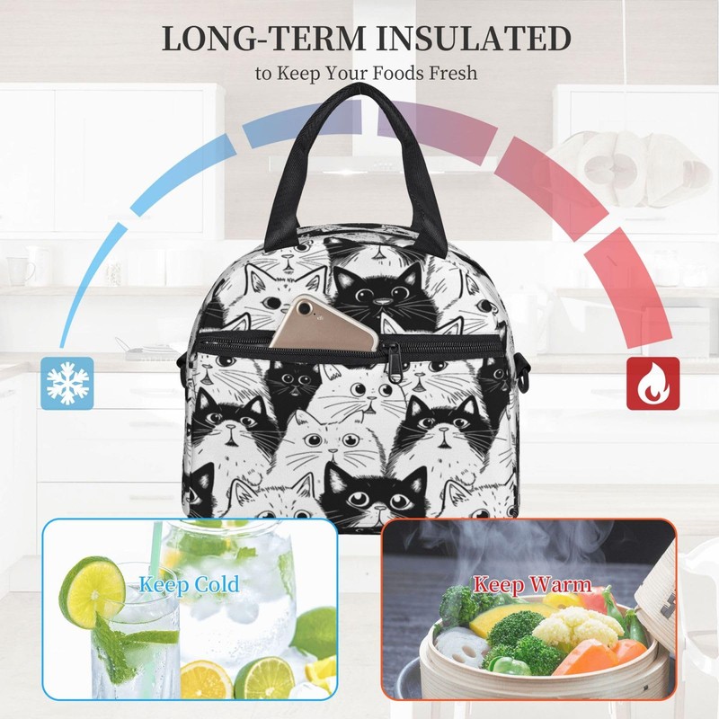 bassyil Cat Insulated Lunch Bag Reusable Lunch Box With Adjustable