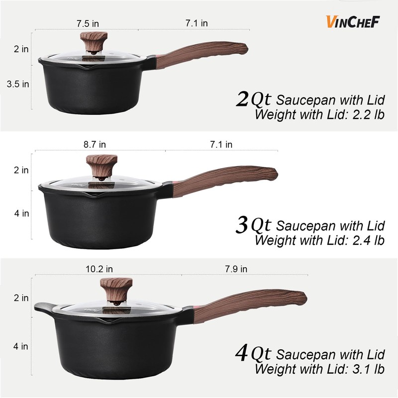 VINCHEF Sauce Pan Set with Lid 10PCS, 2QT+3QT+4QT Non Stick