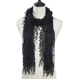 Cindy and Wendy Lightweight Soft Leaf Lace Fringes Scarf shawl for Women (Black-1)
