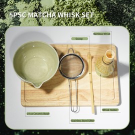 Rixordd 5-Piece Matcha Tea Set - Bamboo Whisk, Scoop, Stainless Steel Sifter, 19 oz Ceramic Bowl, and Whisk Holder - Premium Quality Matcha Kit for Traditional Tea Experience