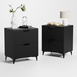 Royal Windsor Fluted Nightstand Set of 2 with 2 Drawers, Side End Table, Small Accent Storage Cabinet,Modern Night Stand Bedside Table for Bedroom,Black