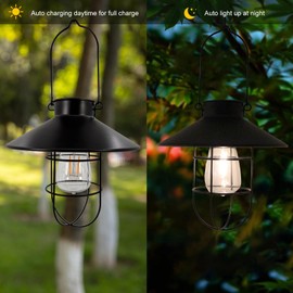 2 Pack Hanging Solar Lantern Outdoor - Black Small Metal Vintage Lanterns with Hooks Warm White Solar Hanging Lights Waterproof Edison Bulb Design for Garden Yard Patio Porch Tree Decor (Black)