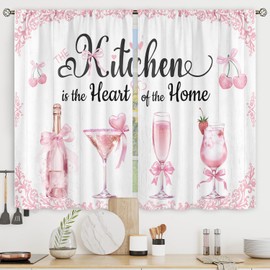 Riyidecor Pink Bow Cute Kitchen Curtains Short Small Cute Women Girls Rod Pocket Wine Champagne Cherry Strawberry Love Heart Bedroom Living Room Treatment Fabric 2 Panels 27.5Wx39H Inch