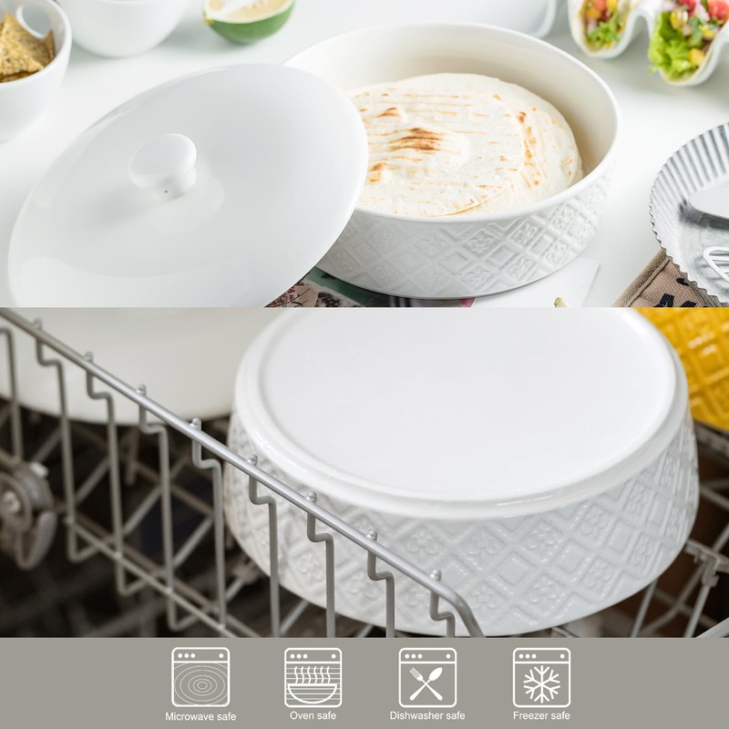 Large Tortilla Warmers with Lid, Embossed Ceramic Tortilla Holder Servers