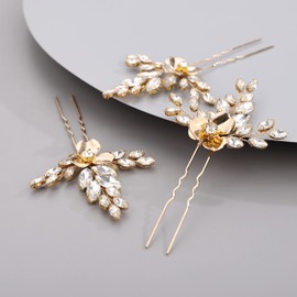 Chargances 3pcs Rhinestone Flower Wedding Hair Pins Crystal Bridal Hair Pins Handmade Bridal Hair Accessories for Women Girls Bridesmaids (Gold)
