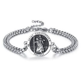St Christopher Necklace for Men, St Christopher/Jesus Necklace 925 Sterling Silver Antiqued Religious Pendant Men Necklaces Talisman Jewellery Christening Graduation Gifts (St Christopher Bracelet)