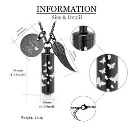 Cylinder Urn Ash Necklace for Women Men Butterfly Cremation Jewellery Ash Loved One Memorial Angel Wing Pendant, Stainless Steel, No gemstone.