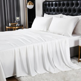 Merryword Luxury White Modal Sateen Sheet Set Queen Size Silk Like Modal Sheets Cooling Sheet Set Soft Comfortable Cozy Breathable 4 Piece Set, White, Queen