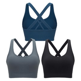 RUNNING GIRL High Support Sports Bras for Women,Crisscross Back Seamless Padded Sports for WomenBra Large Bust(3012_Black+Grey+Dark Blue_L)