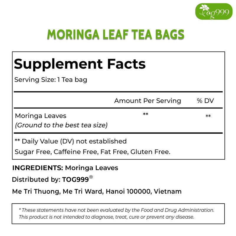 TOG999, Premium 60 Moringa Leaf Tea Bags, 100% Natural &