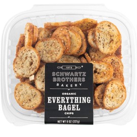 Everything Bagel Chips NY Style Bagel Crisps. Organic, Vegan, Kosher. From the artisans of Schwartz Brothers Bakery. Baked Fresh. Twice Baked. 8 ounce container. Great Snack. Delicious. Pack of 2.