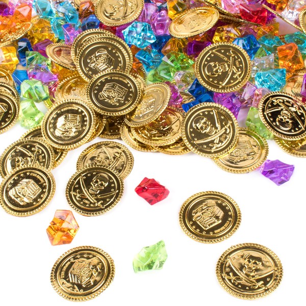 Super Z Outlet Pirate Gold Coins Buried Treasure and Pirate Gems Jewelry Playset Activity Game Piece Pack Party Favor Decorations (120 Coins + 120 Gems)