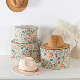 Soul & Lane Botanica Bliss Green Round Hat Boxes with Lids - Set of 3 Nesting Cardboard Hat Storage, Boho Floral Print Cases, Circle Stacking Decorative Keepsake Boxes