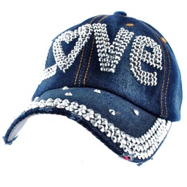 elonmo Cute Carta LOVE joya Rhinestone Bling - Gorra de béisbol sombreros Jeans Wash Denim, Azul oscuro