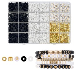 SEMATA Black/White Clay Beads for Bracelet Making Kit for Girls/Adults Clay Beads for Jewelry Making Kit with Gold Beads Letter Beads Charms Friendship Bracelet Kit for Charm Heishi Beads