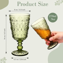Eaasty Wine Glasses Set of 6 Vintage Goblet 9 oz Vintage Colored Glass Goblet Beverage Stemmed Glass Cups Romantic Embossed Glassware for Wedding Party Holidays Anniversary (Green)