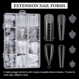 SUTOKAKA 288Pcs Poly-Gel Nail Form Kit 4 Style Reusable Full Cover Nail Extension Mold Dual Forms with 4 Style Silicone Stickers Builder Gel Set for Beginners French Coffin Square Nail Crafts