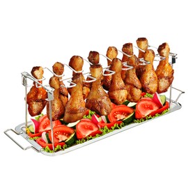 G.a HOMEFAVOR Chicken Leg Wing Rack for Grill with Drip Tray, 14 Slots Stainless Steel Roaster Stand for Smoker Grill or Oven, Greatly Suited for Outdoor Grilling and Picnics