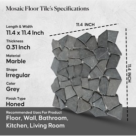 PEBBLETILE.CO Grey Random Marble Mosaic, Tumbled Stone Back Splash Tiles for Kitchen Walls, Shower and Bathroom Floors, and Outdoor Areas (11.4" X 11.4")