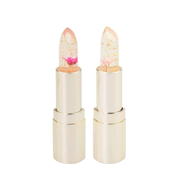 [np] [Set of 2] Kailijumei Genuine Flower Lip Tient Magic Color Lipstick Gold Powder Filled Flower Lip Balm Lipstick (1st Line: Pink, Second Red)