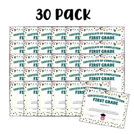 1st First Grade Certificate of Completion Graduation Diploma 30pk 8.5x11” Smiley Face Daisy 90’s Seed Bracelet Checkered Neutral Award Theme Trendy