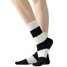 Yoga Pilates Socks with Grips for Women Non Slip Striped Cushioned Crew Socks for Barre Ballet Dance (Black/White)