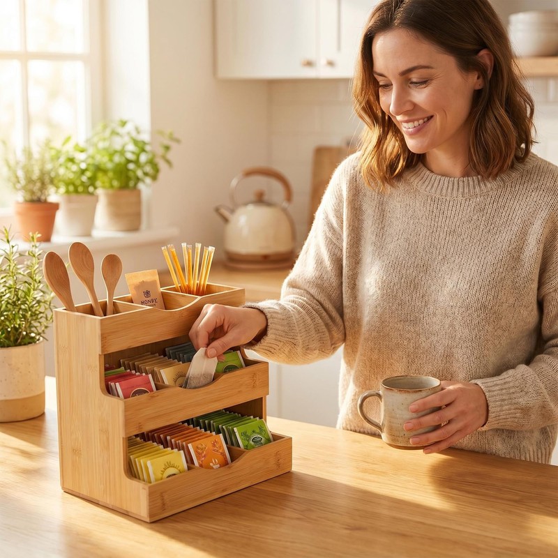Ninebendstreams Wooden Tea Bag Organizer with Compartments