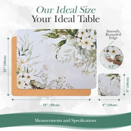 Verdi Livin Cork Placemats Set of 6 and Matching Coasters (12 Pieces) - Heat Resistant Place Mats 16"" x 12"", Hard Backed Cork placemats, Large (White Lily)