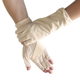TRAX SHOP Women's UV Gloves, Short Arm Cover, UV Protection, For Summer, Summer, Cool Touch, Sweat Absorbent, Quick Drying, Anti-Slip, Mesh, Fingertips, Ribbon Type: Fingerless Beige