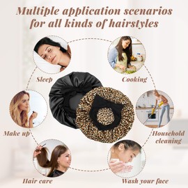 SOMLAW Pack of 2 Silk Bonnet for Sleeping, Sleep Cap, Hair Protection, Satin Hair Cap with Elastic Band, Soft Night Cap for Curly Hair, Sleep Cap Satin Bonnet for Women, Black Leopard Print, Unit size