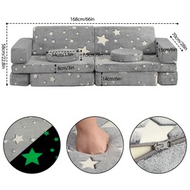 GIMMYFIVE Kids Couch Sofa 12 Pcs Modular Star Glow in The Dark, Playroom Bedroom Furniture, Convertible Fold Out Foam Couch for Boys and Girls, Grey