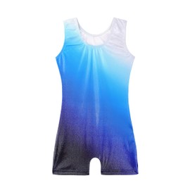 HOZIY Gymnastics Leotards for Girls with Shorts 5t Size 5-6 Years Biketard Blue White Ombre Ribbons Diamond Rhinestones Sparkly
