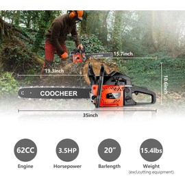 COOCHEER 62CC Gas Chainsaw, 20” 2-Stroke Portable Top Handle Chainsaw Gas Woodcutting Saw with 2 Chain and Tool Kit, Chain saw Gas power for Tree Stumps, Tree Felling(Upgraded)