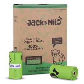 Jack & Milo Dog Waste Bags Environmentally Friendly - Reusable Bag Container - Leak Proof Dog Poop Bag - Extra Thick and Sturdy - 8 Rolls x 15 Bags