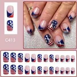 24Pcs 4th of July Press on Nails Short Square French Tip Fake Nails Independence False Nails with American Flag Star Glitter Design Acrylic Day Glue on Nails DIY for Women Decoration