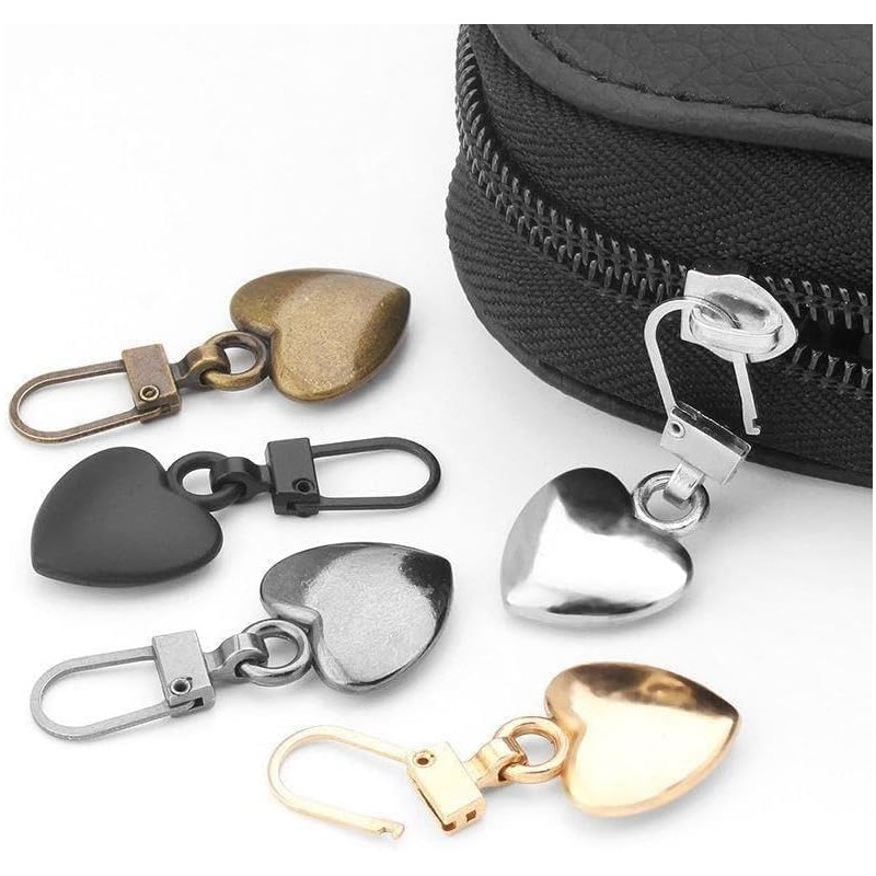 Heart-Shaped Zipper Pulls Replacement Kit, 5 Pieces Metal Pulls with